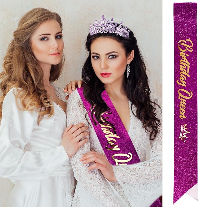 VELSCRUN Birthday Queen Tiara Crowns for Women Girls Purple Crystal Birthday Queen Headband Sash Elegant Princess Crown Happy Birth Party Decorations Mom Sisters Birth Gift Hair Accessories