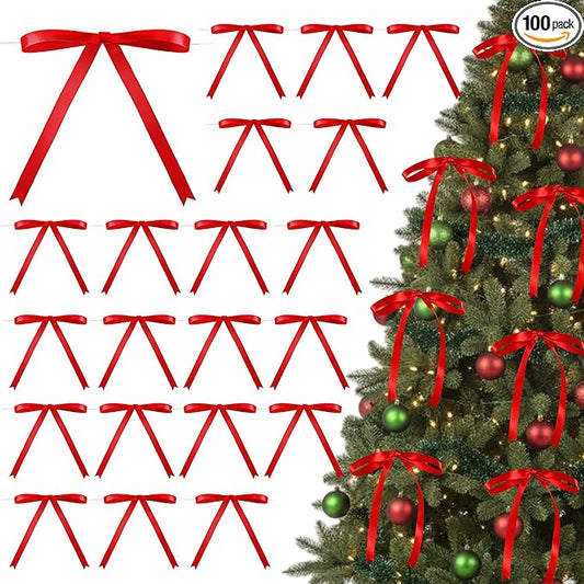 Riceshoot 100 Pcs Twist Tie Bows Bulk 5x7 Inch Satin Ribbon Bows for Gift Wrapping Cake Treat Bags Craft DIY Gift Wedding Baby Shower Birthday Party (Red)