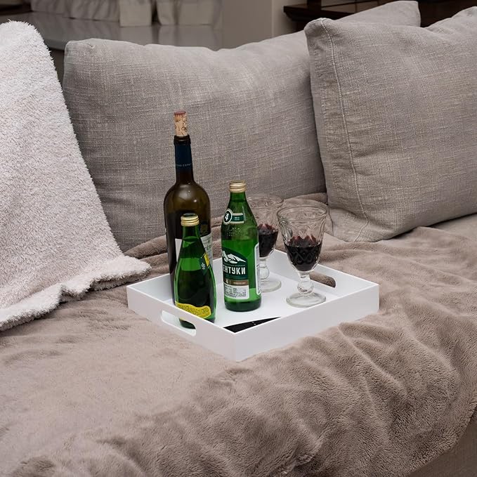 Glossy White Acrylic Serving Tray with Handles, 12x12x2H Inches - Spill Proof, Decorative Trays for Countertop, Ottoman Coffee Table, Nightstand, Breakfast, Tea, Food