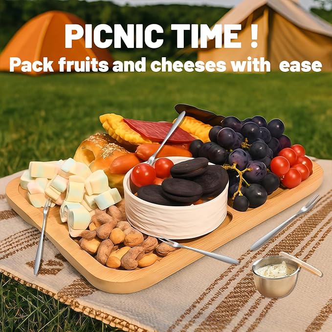 15×11" Charcuterie Boards with Lid, Bamboo Cheese Board Cutting Boards with Locking Clear Cover, Portable Serving Tray - 5 Compartments for Kitchen, Picnic, Party, Housewarming, Wedding Gift