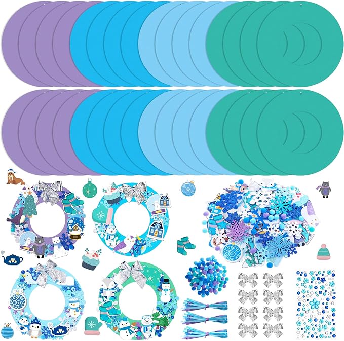 Moucuny 620/600 Pcs Winter Wreath Craft Kits DIY Snowman Christmas Wreath Crafts Kits Xmas Winter Home Decorations for Party Favors(Polar,Purple, Cyan, Light Blue, Dark Blue)
