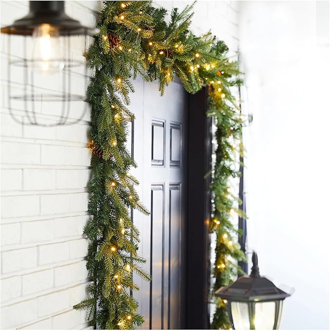 Glitzhome 2PK Pre-Lit Greenery Pine Cone Christmas Garlands with Warm White LED Lights and Timer - 9 ft