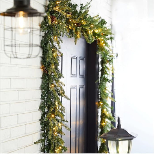 Glitzhome 2PK Pre-Lit Greenery Pine Cone Christmas Garlands with Warm White LED Lights and Timer - 9 ft
