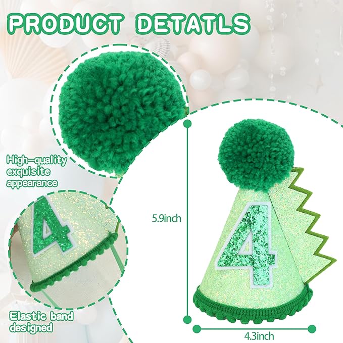 Green Glitter Dinosaur Birthday Cone Hat for 1-5 Years Old Kids Boys Dino Dinousour Birthday Hat Party Decoration