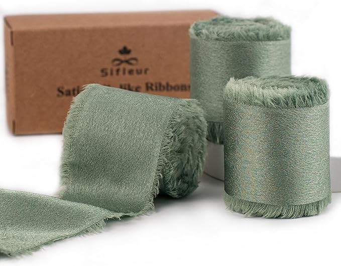 Satin Silk Ribbon, Sage Green Ribbon for Wrapping, 1-1/2 inch x 15 Yd Handmade Frayed Fringe Ribbons, for Wedding Engagement Birthday Showers Craft Flower Bouquet Invitation Decor, 3 Rolls