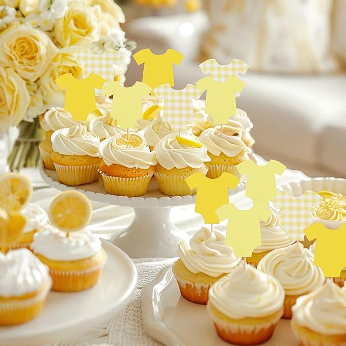 Yellow Bodysuit Cupcake Topper - Baby Shower Decoration Yellow Gingham Cake Topper,Baby Shower Bunting