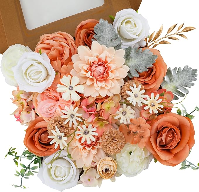 Floweroyal Artificial Flowers Combo Champagne Flowers Mix Silk Flowers Dahlia Roses with Stems for DIY Wedding Bridal Bouquets, Baby Shower, Floral Arrangement, Table Centerpieces, Home Decorations.