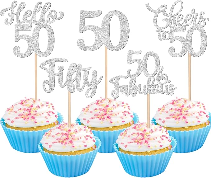 30PCS Happy 50th Birthday Cupcake Toppers Glitter Hello 50 Fabulous Fifty Cheers to 50 Years Old Birthday Cupcake Picks for Happy 50th Birthday Anniversary Party Cake Decorations Supplies Silver