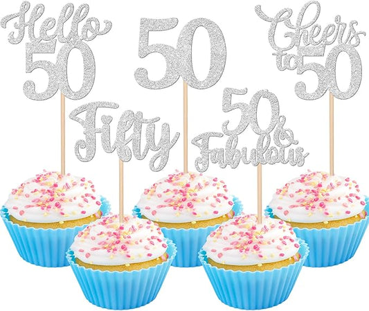 30PCS Happy 50th Birthday Cupcake Toppers Glitter Hello 50 Fabulous Fifty Cheers to 50 Years Old Birthday Cupcake Picks for Happy 50th Birthday Anniversary Party Cake Decorations Supplies Silver