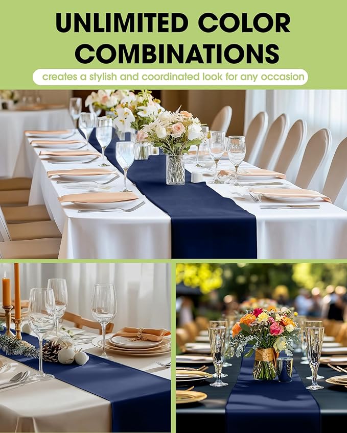 Pureegg Navy Blue Plastic Table Runners - 12 Pack, 14'' x 108'', Water Resistant & Disposable Centerpiece Decorations for Table Cloth, Wedding, Birthday, Holiday, Baby Shower, Party, Home Decor