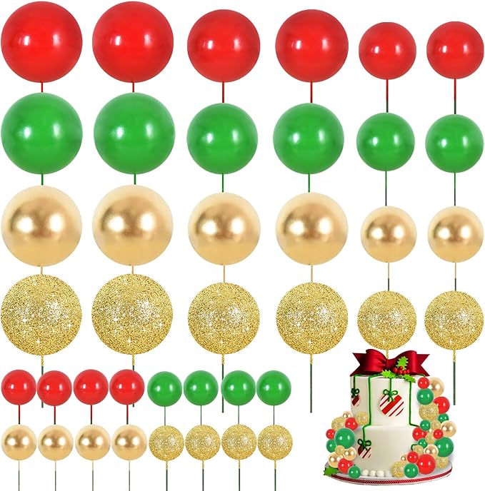 BEISHIDA 40 Pcs Ball Cake Toppers Mini Balls Cake Decorations Red Green Gold Silver Sticks Foam Balls DIY Cake Topper Insert Balls Cake Decorations for Baking Christmas Party Decorations