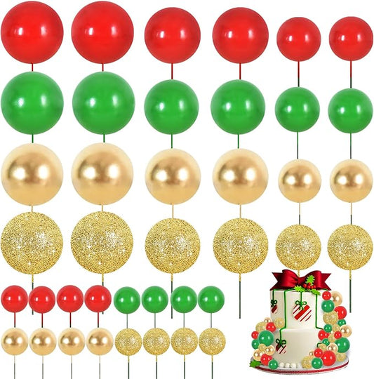 BEISHIDA 40 Pcs Ball Cake Toppers Mini Balls Cake Decorations Red Green Gold Silver Sticks Foam Balls DIY Cake Topper Insert Balls Cake Decorations for Baking Christmas Party Decorations