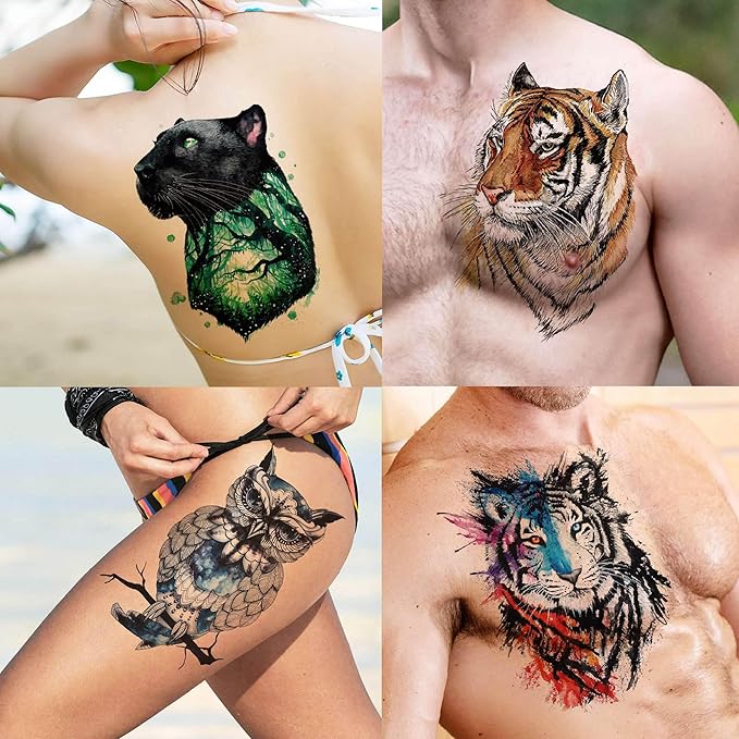 56 Sheets Watercolor Owl Tiger Lion Temporary Tattoos For Women Men Body Art Arm Thigh, 3D Long Lasting Realistic Fake Tattoo Sleeve Stickers For Adults, Wolf Fox Leopard Bulk Temp Tatoos Kids
