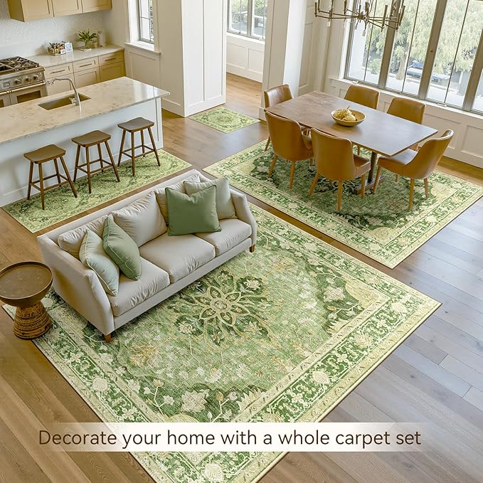 Area Rugs 2'x10' Washable Non-Slip, Floral Vintage Distress Print Pattern Medallion Carpet for Living Room Bedroom Dining Room, Sage Green Yellow