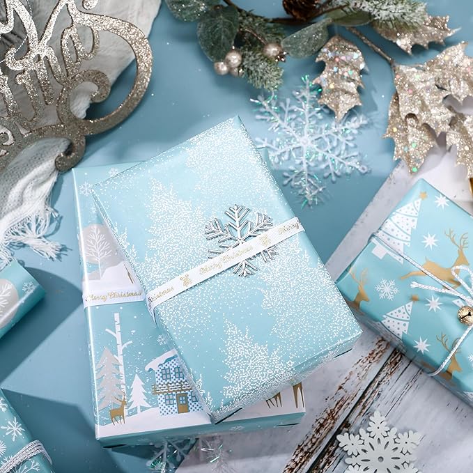 WRAPAHOLIC 30 Inch Christmas Wrapping Paper Roll - Jumbo Roll Blue and Silver Reindeer, Christmas Tree, Snowflake Holiday Design Printed on Pearlized Paper - 4 Rolls - 30 Inch x 120 Inch Per Roll