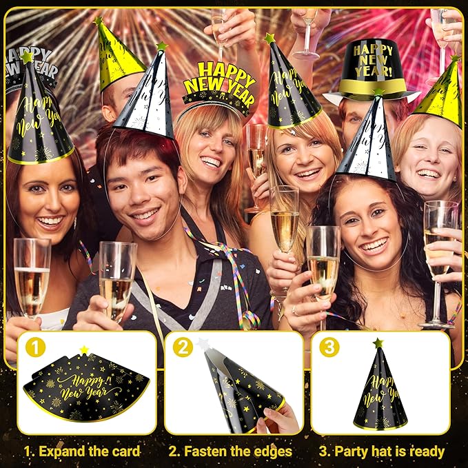 40PCS New Years Party Supplies 20 Guests, New Years Party Favors Gold Black, New Years Accessories Cardboard Plastic, Tiaras Top Hat Fringed NYE Noise Makers Star Cone Hat Horns for New Years Party