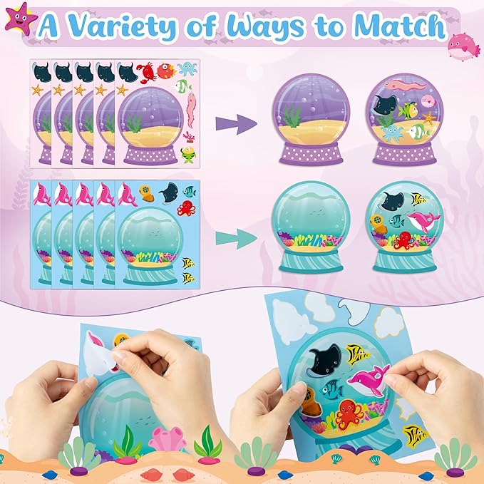 CY2SIDE Ocean Animal Crystal Ball Stickers - 40PCS Crystal Summer Sea Animals Make a Face Sticker Sheet for Kids Make Your Own Under The Sea Fish Tank Scene Craft Games for Kids Classroom Activities