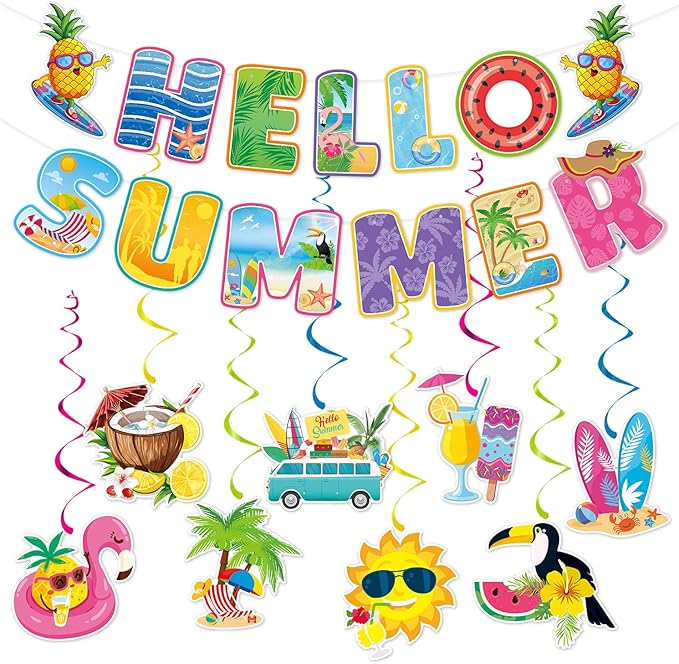 Hawaiian Luau Summer-Pool Party-Decorations Supplies - 10pcs Hello Banner,Outdoor Beach Theme Tissue Streamers Garland,Aloha Flamingo Hanging Swirl,Tropical Backdrop Office Tiki Decor Burgleda