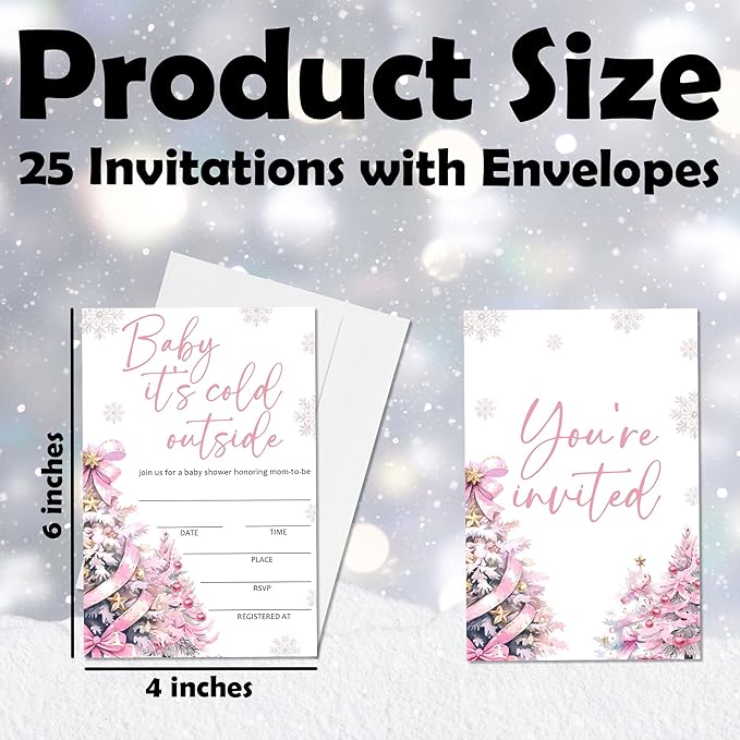 4'' x 6'' Baby It's Cold Outside Baby Shower Invitations - 25 Pink Bow Tree Invited Cards with Envelopes - Winter Announcement Invites for Girls, Gender Reveal Party Supplies & Decor -A05