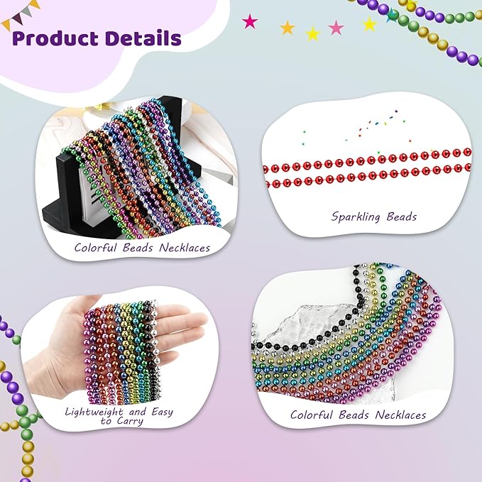 SHAOQINLIN 24 PCS Mardi Gras Beads Necklaces, 12 Colors 33 Inch 6 mm Metallic Bead Necklaces Bulk Party Beads Necklace Round Beaded Necklaces for Mardi Gras, Christmas, Carnival Party Favor