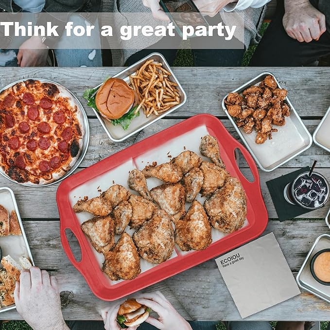 Extra Large Serving Tray with Handles, 20x13 inch, Set of 2 Melamine Platters for Serving Food, Turkey, Cookie, Rectangular Trays for Eating, Raised Dots Matt Finished, Dishwasher Safe, Red