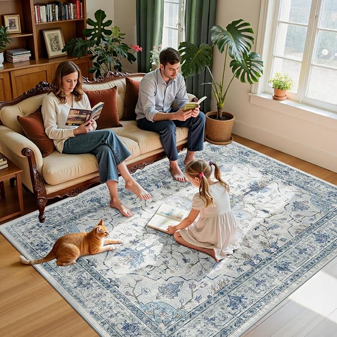 Area Rugs 6'x8' Washable Non-Slip, Floral Vintage Distress Print Pattern Medallion Carpet for Living Room Bedroom Dining Room, Light Blue Navy Beige Gray White