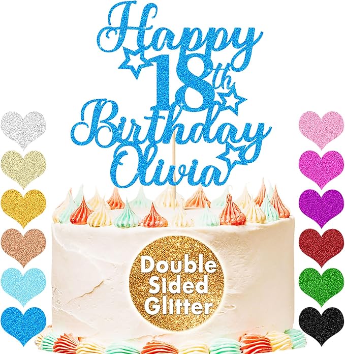 Happy Birthday Cake Topper Personalized Cake Topper Custom Cake Topper Birthday Double Sided Glitter Customized with Any Age Name Cake Decoration(Blue)