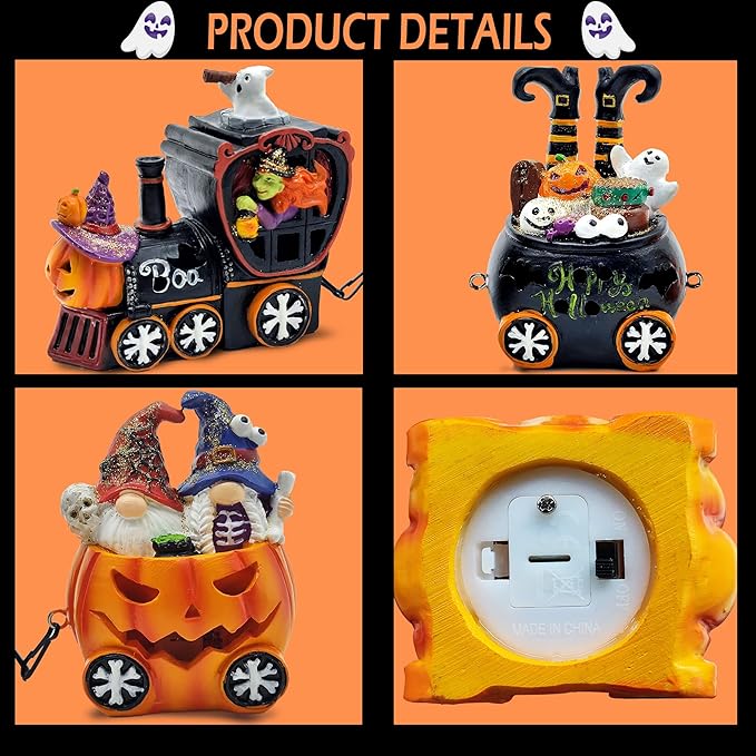 Hexagram Halloween Table Decorations Indoor, Lighted Halloween Witch Train Decor for Tabletop Figurines, Halloween Centerpieces Decorations for Home, Light Up Gnomes Decorations