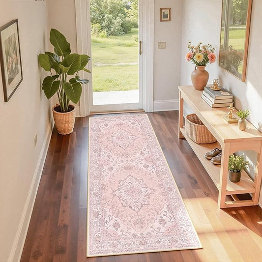 Area Rugs 2'x6' Washable Non-Slip, Floral Vintage Distress Print Pattern Medallion Carpet for Living Room Bedroom Dining Room, Pink Greypink Cute