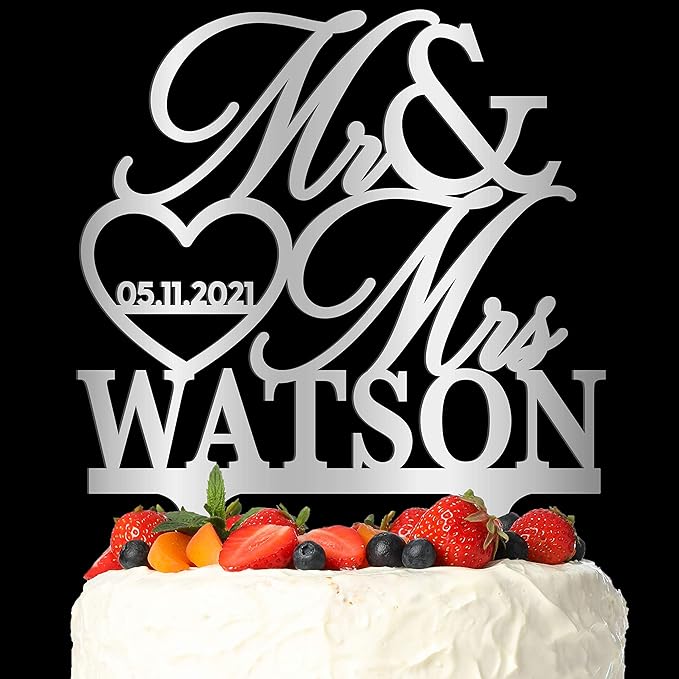 Wedding Cake Topper Personalized, Custom Mr. Mrs. Cake Topper w Last Name, Silver Mirror Acrylic Decoration for Special Event