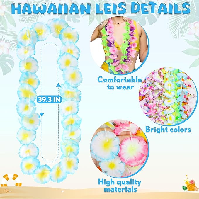 Hawaiian Leis Party Decorations, 50PCS Leis for Luau Party Decor, Colorful Tropical Theme Silk Flower Bulk, Hawaii Flower Lays Garland Summer Pool Birthday Parties Favors Supplies Accessories