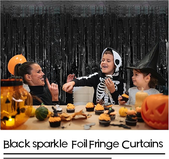 Tinsel Curtain Backdrop Black Birthday Party Decorations 2 Packs Glitter Foil Fringe Curtain Party Decor Streamers Photo Booth for Birthday Christmas Wedding Halloween Graduation Decorations