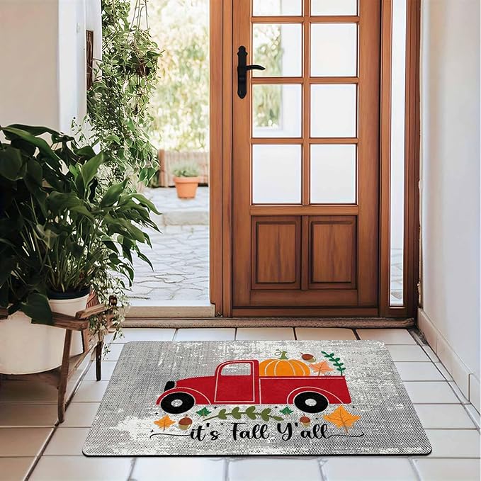 Fall Door Mat Outdoor for Front Door, Fall Decorations for Home Welcome Doormat Non-Slip Washable Autumn Pumpkins with Truck Doormat Entrance Rug for Indoor Outdoor, 30"x18"inch