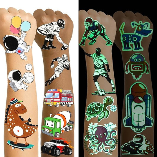 350+ Kids Themed Designs Temporary Tattoos for Boys - Individually Wrapped, Glow in the Dark, Waterproof Fake Tattoos - Multiple Themes: Dinosaur, Animal, Truck, Ocean, Baseball, Soccer, Sports, Car