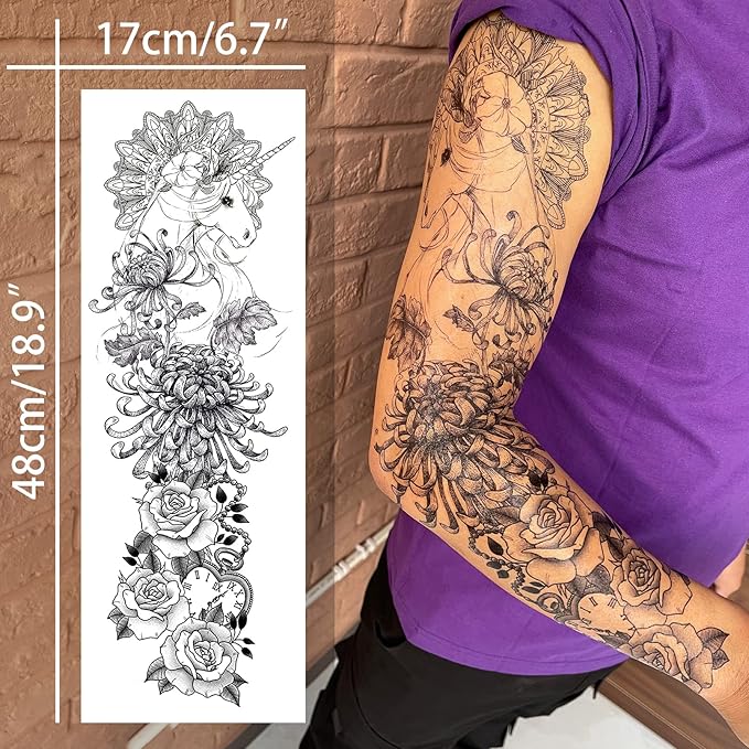 Aresvns Temporary Tattoo Flowers for Women and Kids (L19“xW7”),Beautiful Sleeve Tattoos Waterproof and Long-Lasting, Full Arm Fake Tattoos for Girls Christmas Gift,for BBQ Pool Beach Party