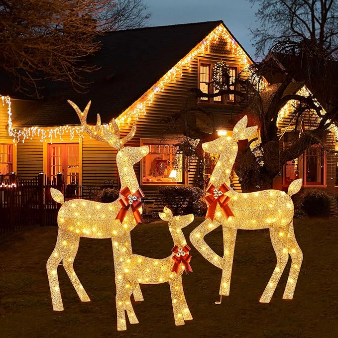 YULETIME 3-Piece Pre-lit 2D Christmas Reindeer Family, Lighted Glitter Christmas Deer Holiday Decoration with Warm White LED Lights