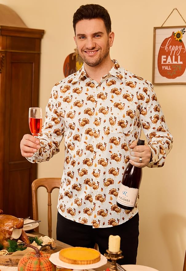 Arvilhill Men's Thanksgiving Long Sleeve Shirt Turkey Pattern Button Down Shirts Family Gathering Fall Festival Wear (S-3XL)
