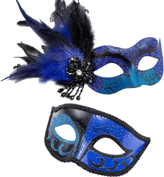 2025 New Masquerade Mask with Feather for Couples - Women's Masquerade Mask with Feather & Men Venetian Costume Mask