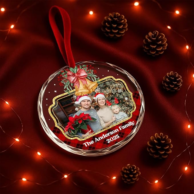 Personalized Christmas Ornament with Photo for Family, Custom Picture Crystal Ornaments for Christmas Tree Decorations, Unique Customized Xmas Decor Ideas for Family (#PGO07)