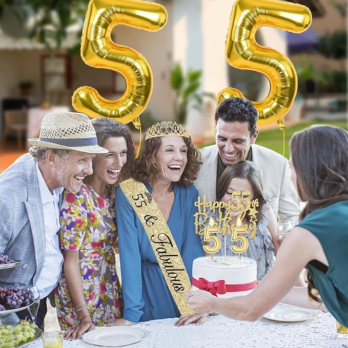 55th Birthday Decorations for Women Gold with 55th Birthday Sash and Tiara, Cake Topper and Candles, Number Balloons, 55 Year Old Gifts for Women