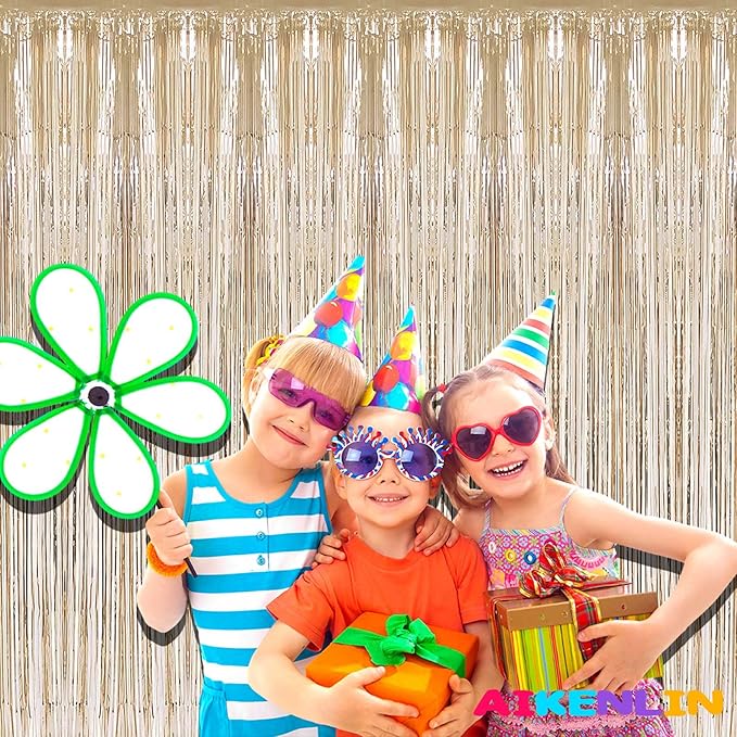 Champagne Gold Foil Fringe Curtain Backdrop, 4 Pack, 3.2Ft x 9.8Ft, Polyester (Mylar), for Party, Photo Booth Props, Birthday, Wedding, Christmas Decoration Supplies