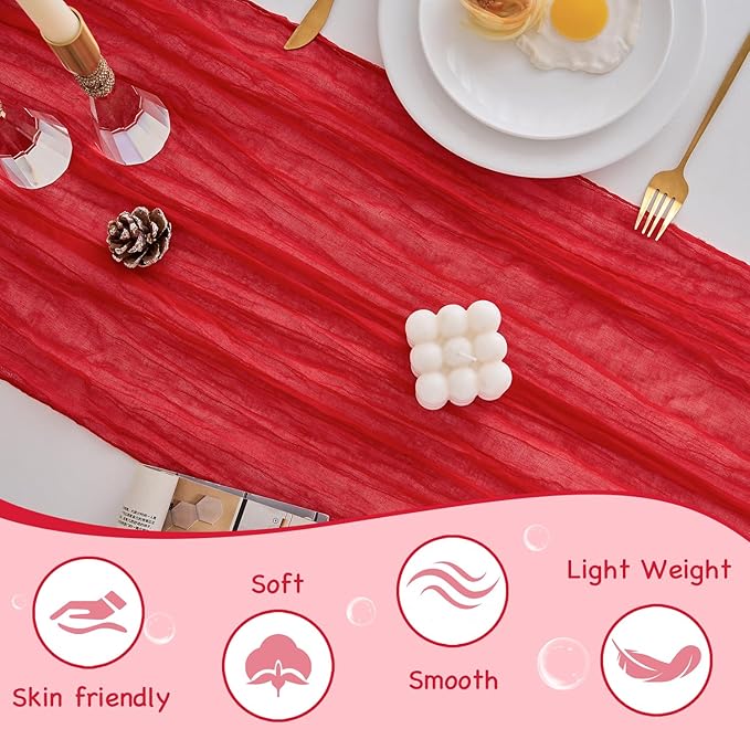 10 Pack Red Table Runner 120 Inch Cheesecloth Table Runner 10FT Rustic Boho Gauze Table Runner Long Cheese Cloth Table Runner Semi Sheer Runners for Wedding Bridal Baby Shower Party