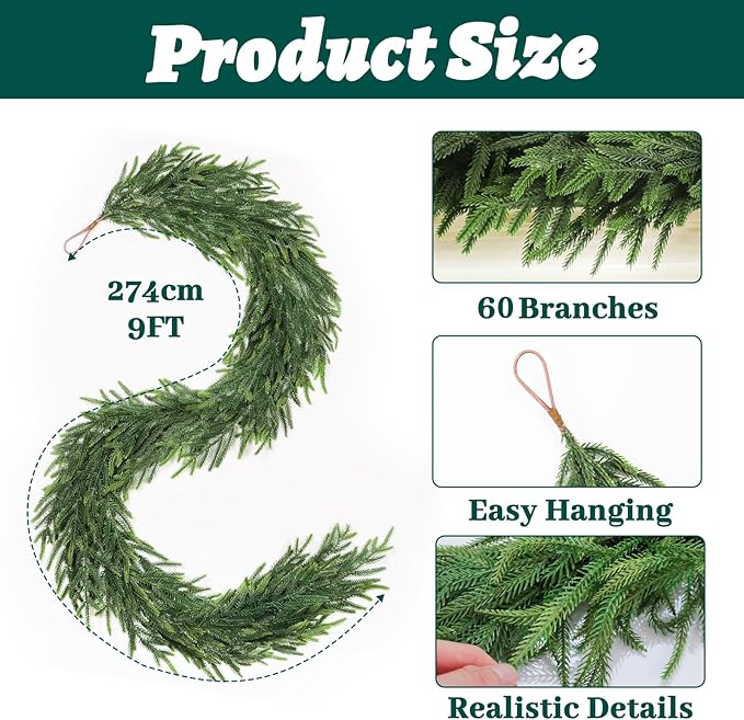 9FT Norfolk Pine Garland, Real Touch Artificial Long Greenery Christmas Garlands for Table, Mantle, Wall, Stairs, Fireplace, Indoor & Outdoor Xmas Holiday Decorations (1 Pcs)