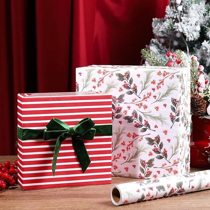 LaRibbons Reversible Christmas Wrapping Paper Roll, Vintage Red Berries & Red Stripe Gift Wrap for Christmas, Season Party, Xmas, 17 Inch x 33 Feet