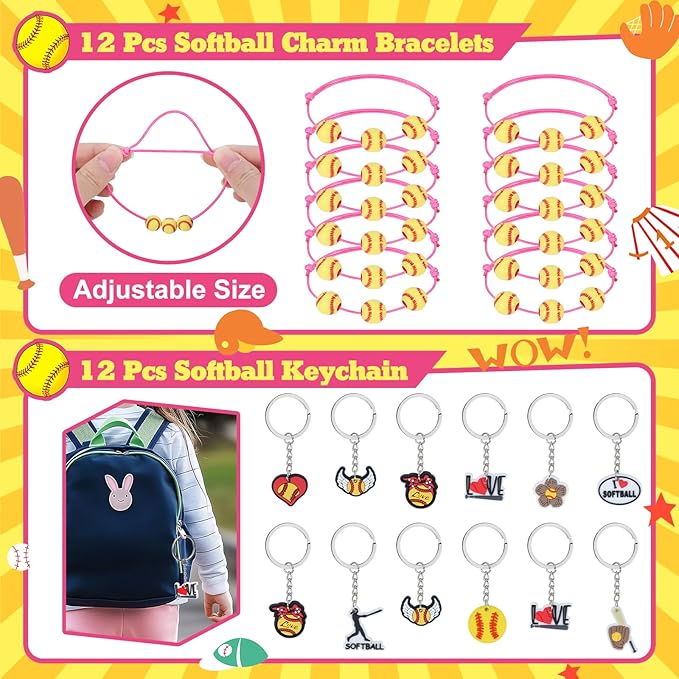 Gifts2U Softball Party Favors, 146 Pcs Softball Goodie Bags Stuffers with Charm Bracelet, Stress Balls, Stickers, Keychain and Softball Accessories, Gifts Bulk for Team Girls Birthday Party.