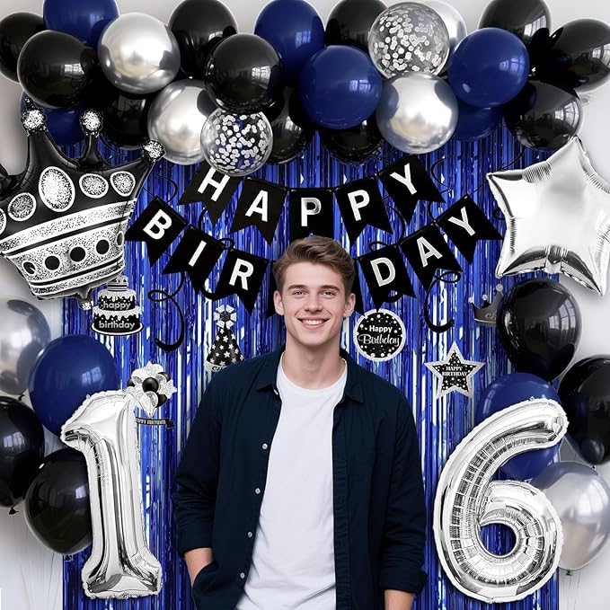16th Birthday Decorations for Boys and Girls, Black Blue Silver Happy Birthday Number 16 Balloons, Banner, Fringe Curtains Garland Kit - 16 Year Old Party Supplies