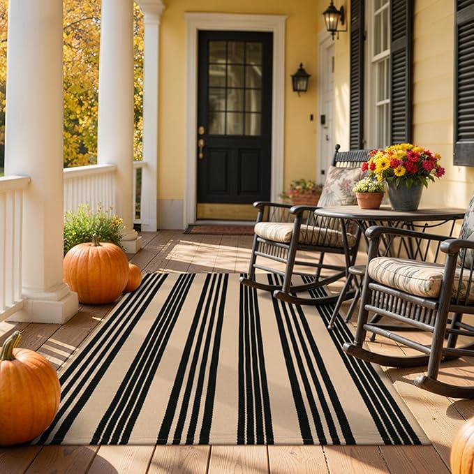 KIMODE Indoor Outdoor Rug 4'x6',Washable Reversible Black and Khaki Striped Rug,Cotton Hand Woven Patio Rug Floor Carpet, Farmhouse Fall Porch Rug Autumn Decor for Outdoor Backyard Living Room