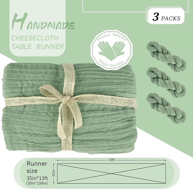 3 Pack Sage Green Cheesecloth Table Runner, 13Ft x 35" Sage Rustic Gauze Boho Wedding Table Runner Decoration, Wedding Party Bridal Shower