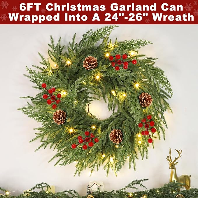 6 Ft by 10 Inch Prelit Christmas Garland with Lights Timer 8 Modes, Real Touch Norfolk Pine Garland 100 Pine Cypress Tips Pinecones Berried Cedar Garlands Thick Greenery Garlands for Home Table Mantle