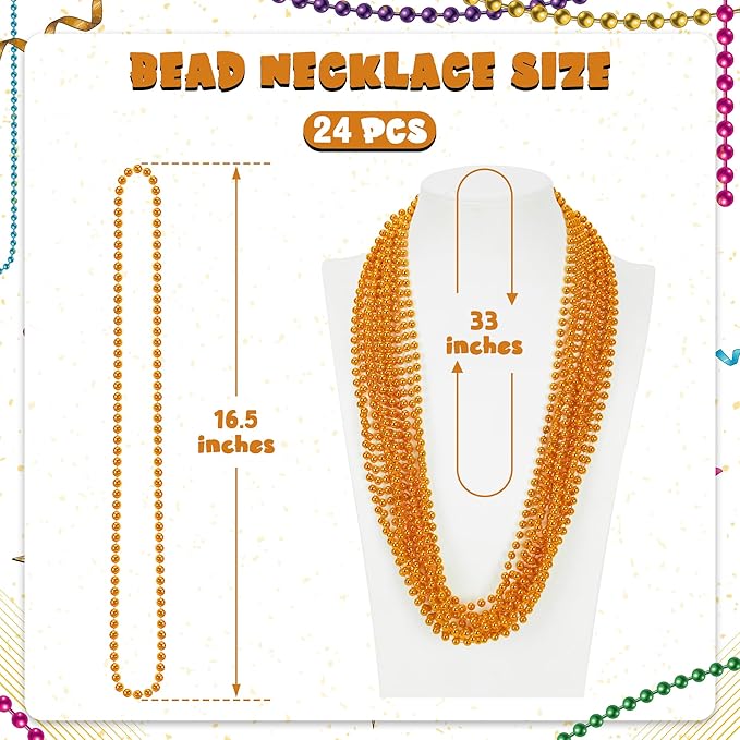 24 PCS Mardi Gras Beads Necklaces, Orange Mardi Gras Party Favors, 33" Metallic Color Round Beaded Costume Necklaces for Parade Throws, Beaded Accessory Set for Carnival Holiday Events